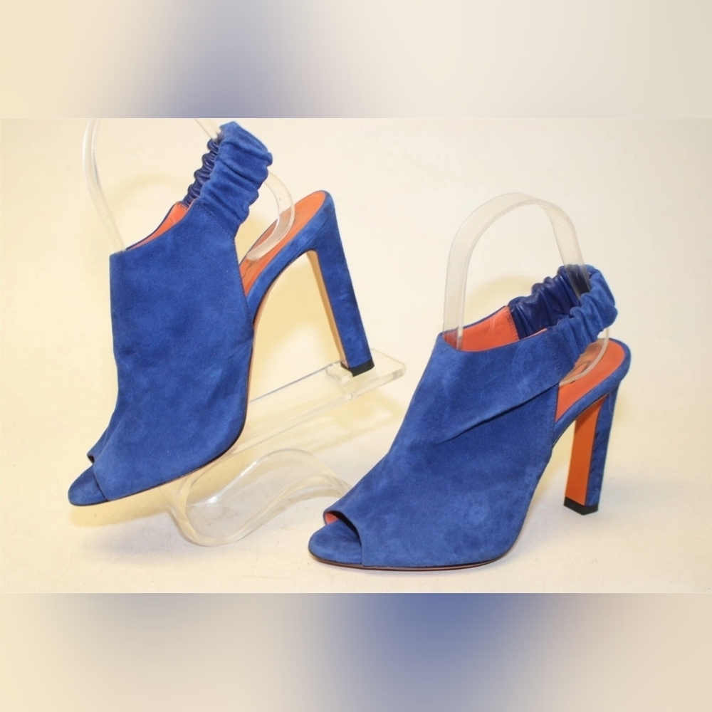 Santoni Italy Made Luxury Blue Suede Slingback Peep Toe Heels SANDALS Shoes 37 7 - Picture 2 of 16